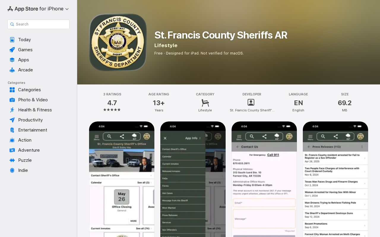 St. Francis County Sheriff arrest information app listing