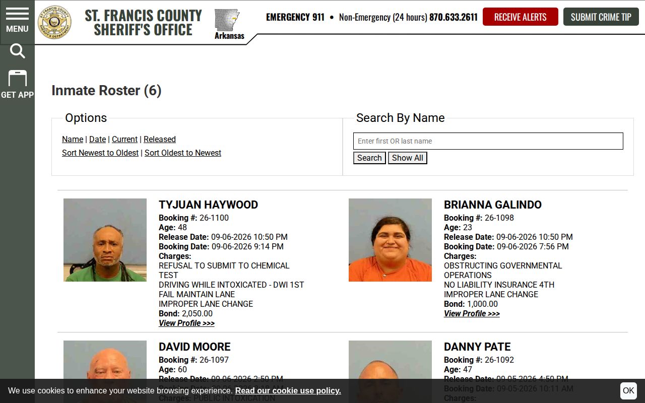 St. Francis County Sheriff's Office 48 Hour Release roster interface