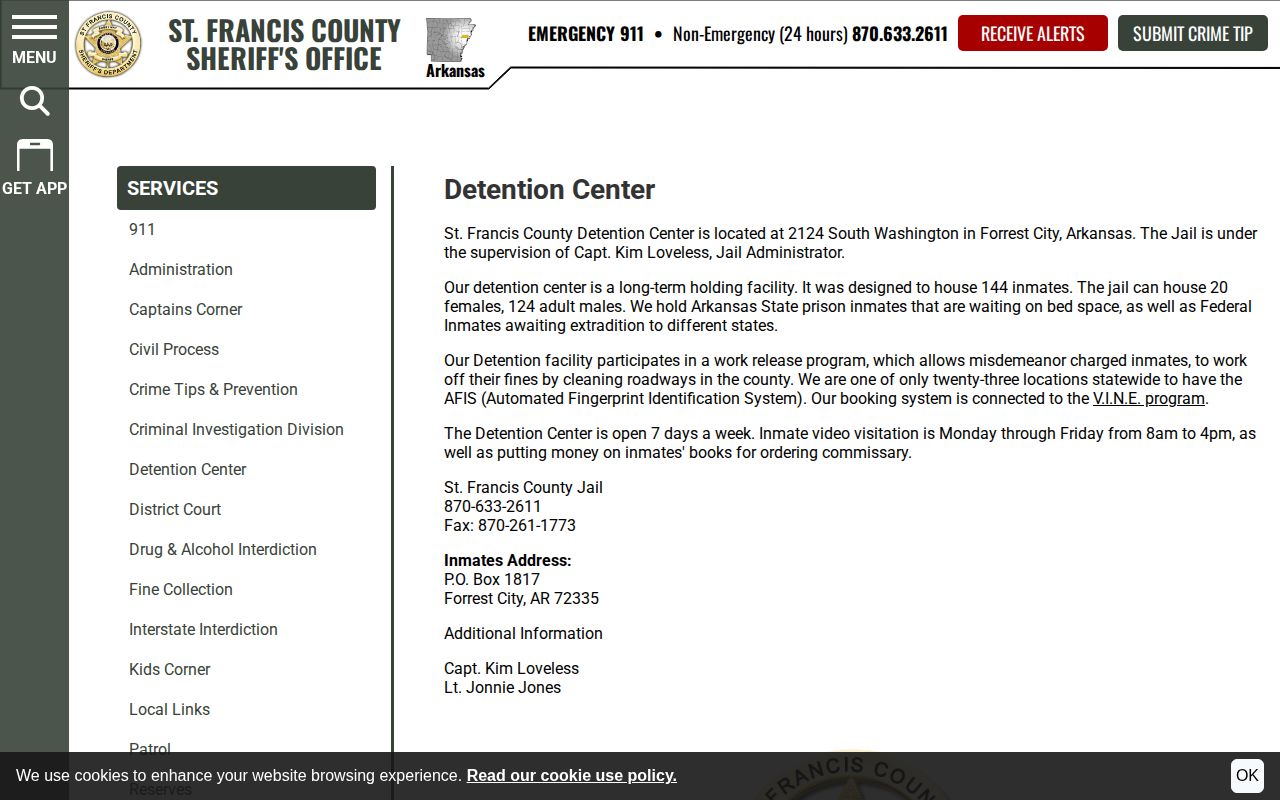 St. Francis County Detention Center page documenting the VINE booking-system connection