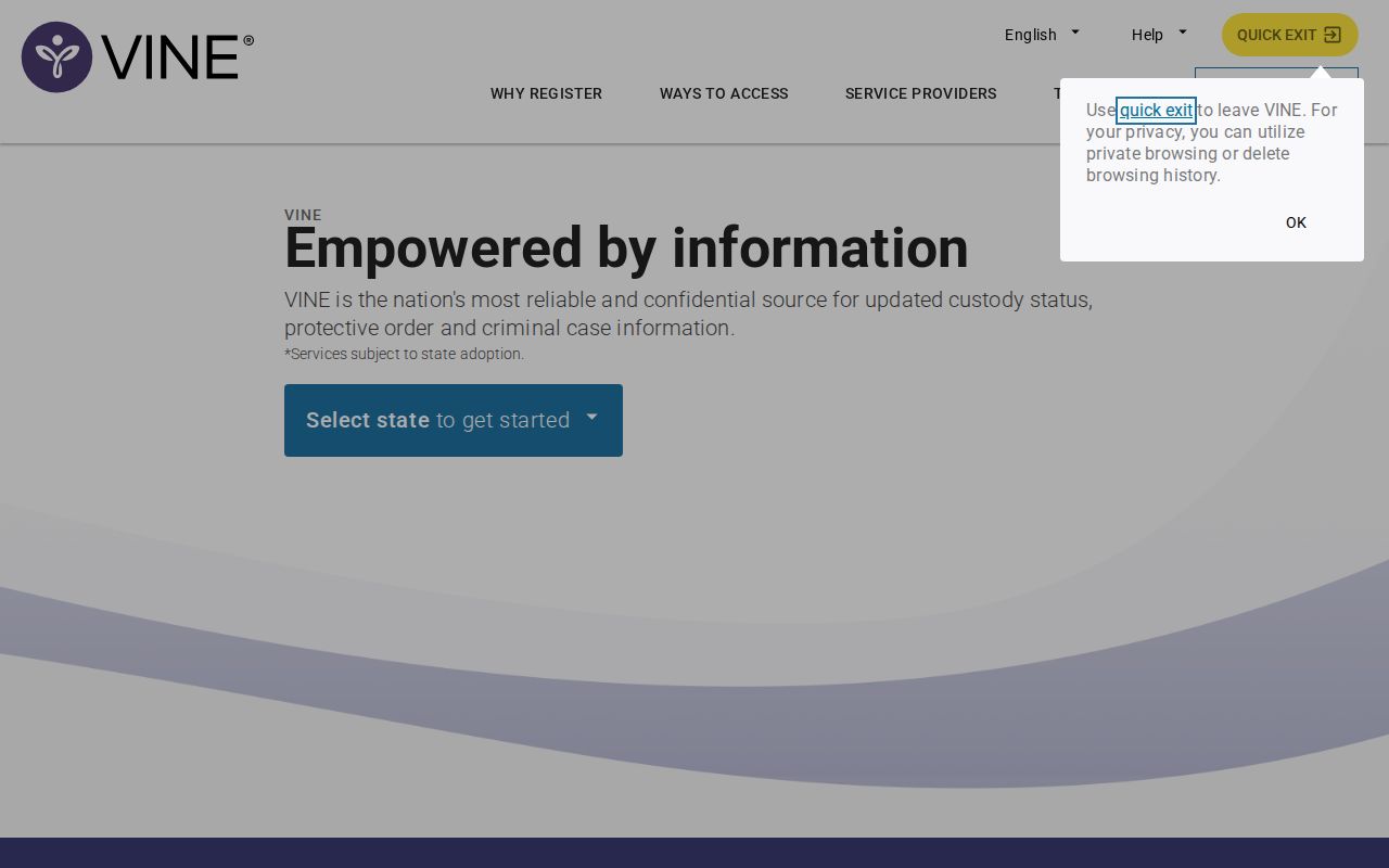 VINELink custody search interface for selecting Arkansas and finding a person